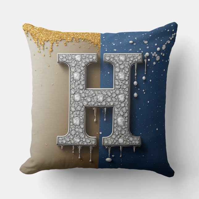 Letter H Navy Gold Dripping Paint Pearl Initial  Cushion (Front)