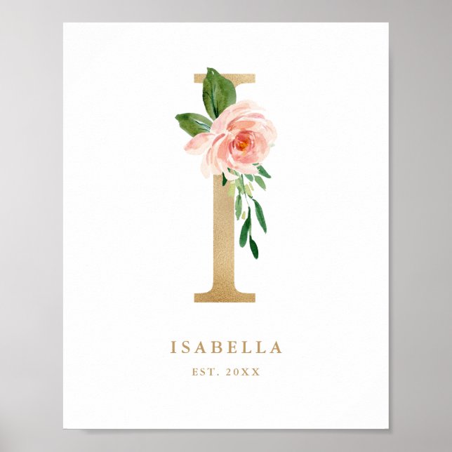 Letter I Blush Floral Monogram Gold Foil Nursery  Poster (Front)