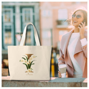 Letter I Elegant Floral Gold Monogram Large Tote Bag