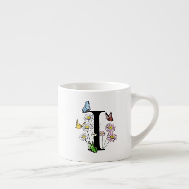 Letter I Floral Butterfly Monogram Initial  Espresso Cup (Right)