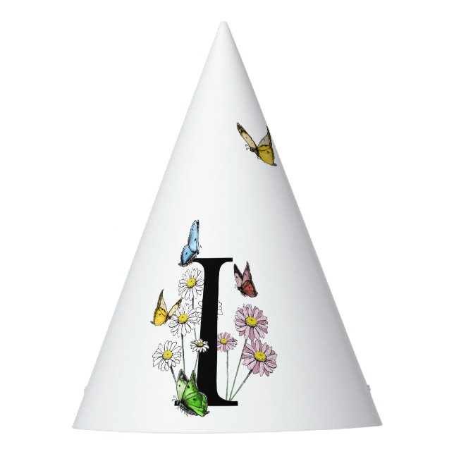 Letter I Floral Butterfly Monogram Initial  Party Hat (Front)