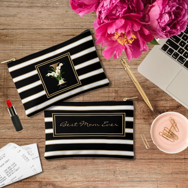 Letter I Floral Monogram Black White Gold Stripes Accessory Pouch (Creator Uploaded)