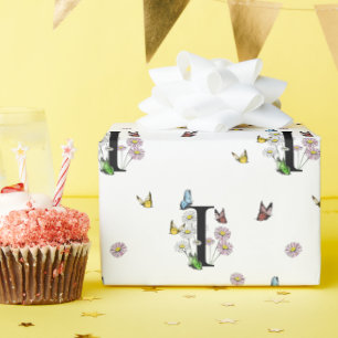 Letter I Floral Watercolor Butterfly Monogram   Wrapping Paper