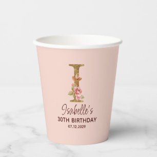 Letter I Gold Monogram Blush Pink Roses Paper Cups