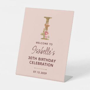 Letter I Gold Monogram Blush Pink Roses Sign