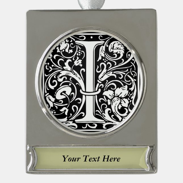 Letter I Mediaeval Monogram Art Nouveau Silver Plated Banner Ornament (Front)