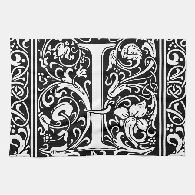 Letter I Mediaeval Monogram Art Nouveau Tea Towel (Horizontal)