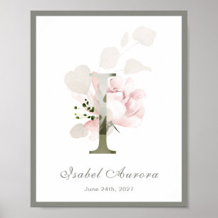 Letter I Monogram Pink White Floral Nursery Poster