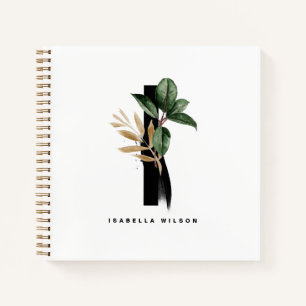 Letter I Monogram Tropical Greenery Gold Foil Notebook