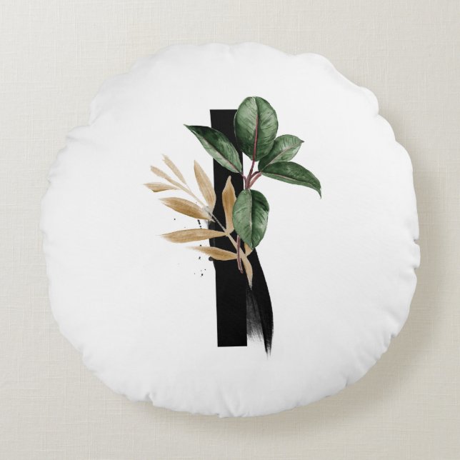 Letter I Monogram Tropical Greenery Gold Foil Round Cushion (Front)