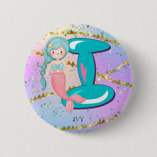 Letter I Monogram Watercolor Cute Mermaid Nursery 6 Cm Round Badge