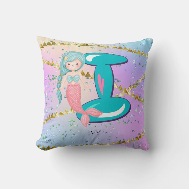 Letter I Monogram Watercolor Cute Mermaid Nursery Cushion (Front)