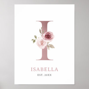 Letter I Monogram Watercolor Rose Florals Nursery  Poster