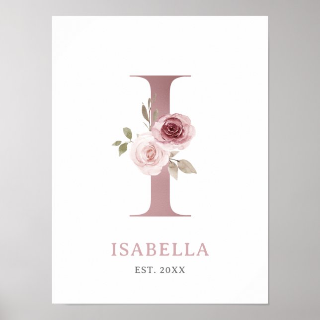 Letter I Monogram Watercolor Rose Florals Nursery  Poster (Front)