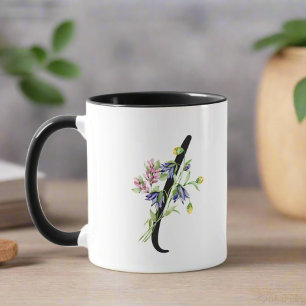 Letter " I " Monogrammed Black Script Floral Mug