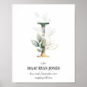 Letter I New Baby Monogram Birth Print Greenery