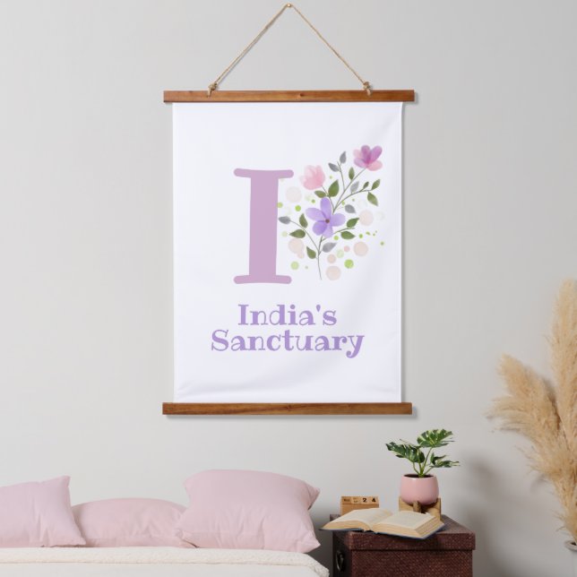 Letter I plus First Name with a Floral Design Hanging Tapestry (Bedroom)
