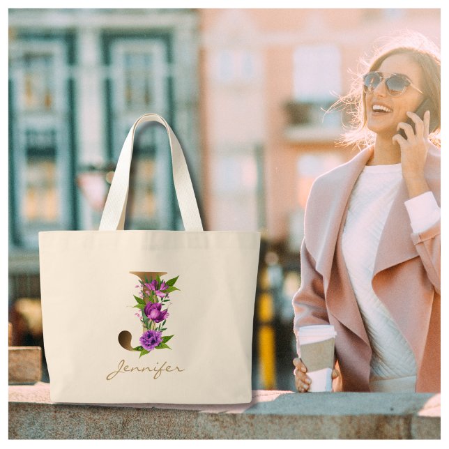 Letter J Elegant Floral Gold Monogram Large Tote Bag (Creator Uploaded)