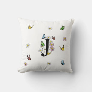 Letter J Floral Butterfly Monogram Initial Cushion