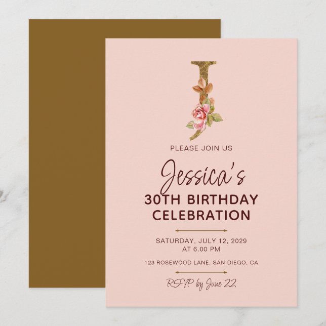 Letter J Gold Monogram Blush Pink Roses Invitation (Front/Back)