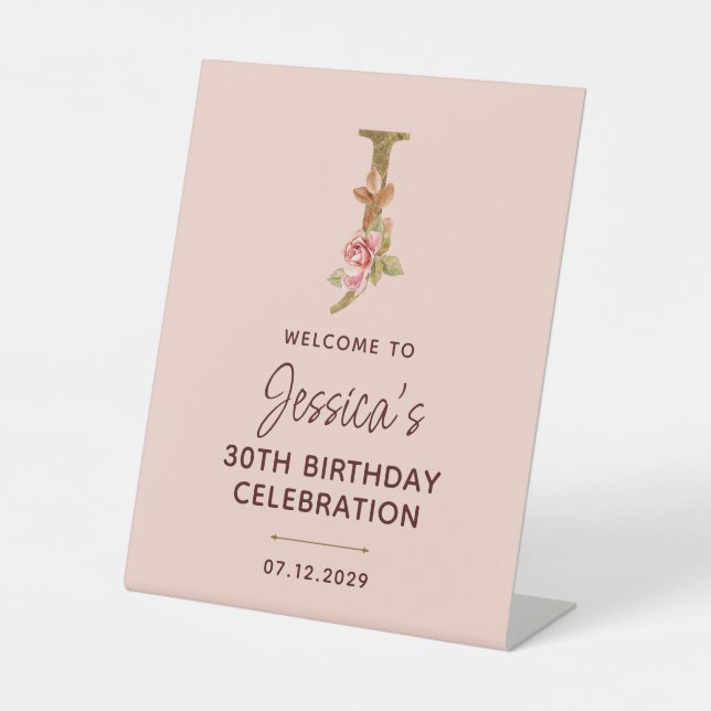 Letter J Gold Monogram Blush Pink Roses Sign (Front)