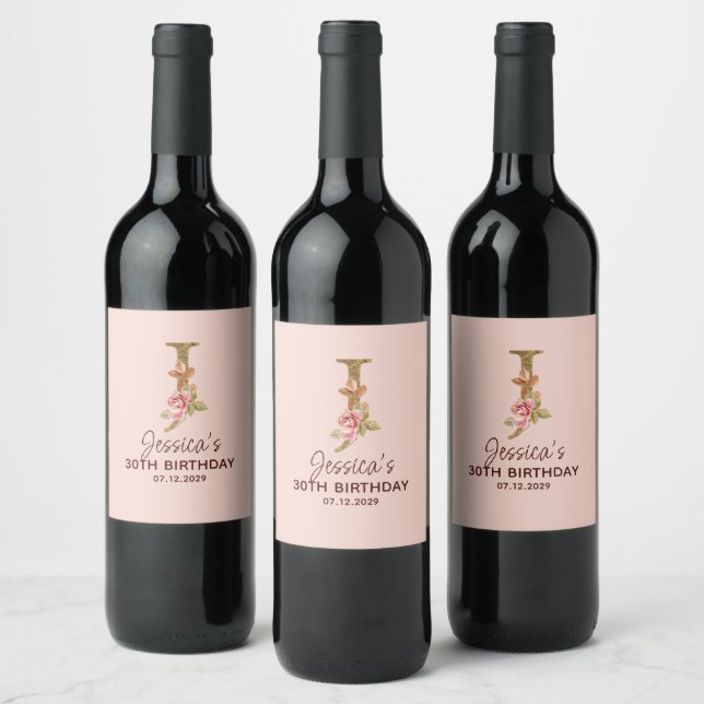 Letter J Gold Monogram Blush Pink Roses Wine Label (Bottles)
