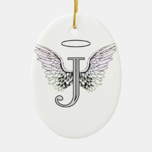 Letter J Initial Monogram with Angel Wings & Halo Ceramic Tree Decoration