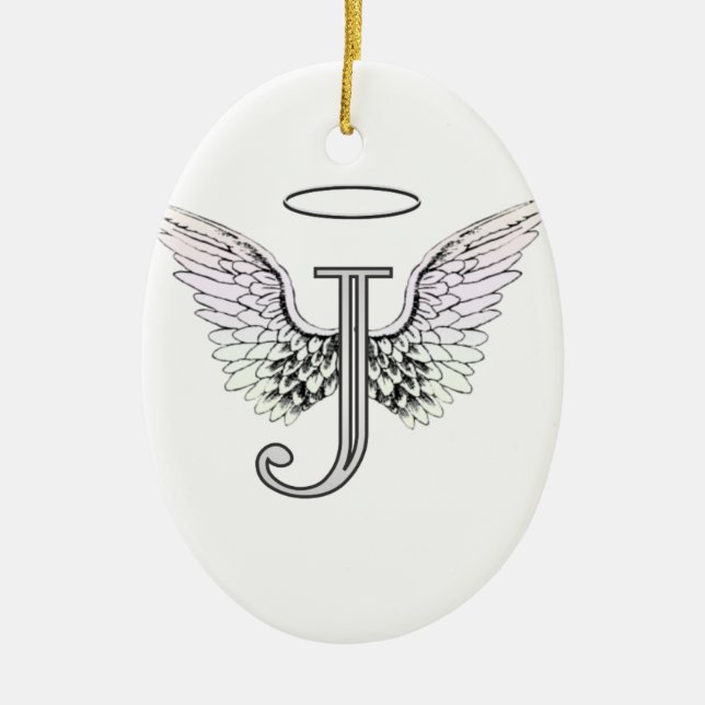 Letter J Initial Monogram with Angel Wings & Halo Ceramic Tree Decoration (Front)