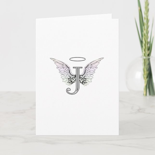 Letter J Initial Monogram with Angel Wings & Halo Note Card (Front)