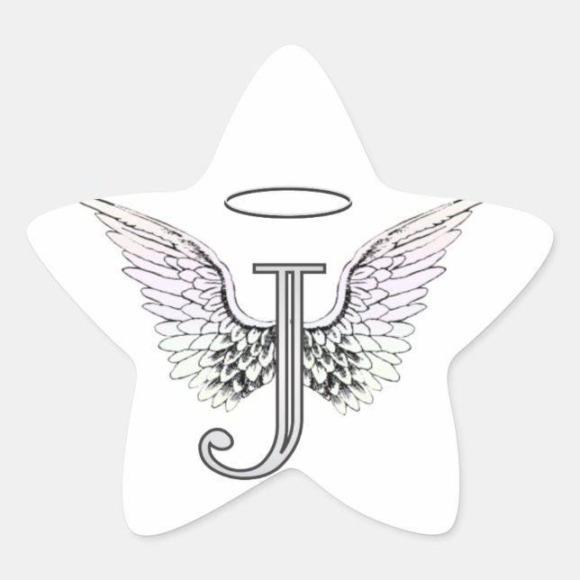 Letter J Initial Monogram with Angel Wings & Halo Star Sticker (Front)