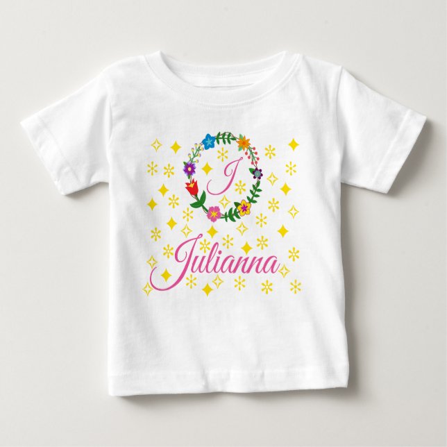 Letter J, Julianna, Tee, Flowers and Stars Baby T-Shirt (Front)