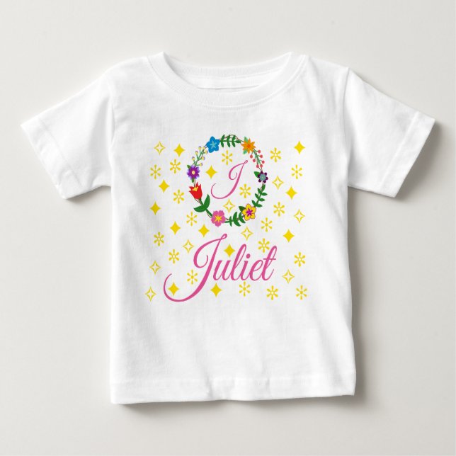 Letter J, Juliet, Tee, Flowers and Stars Baby T-Shirt (Front)