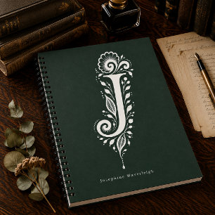 Letter J Linocut Botanical Monogram Notebook