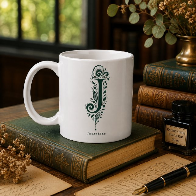 Letter J Linocut Botanical Personalised Mug (Creator Uploaded)