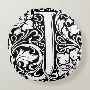 Letter J Mediaeval Monogram Vintage Initial Round Cushion