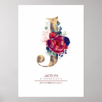 Letter J Monogram Floral Navy Blue and Burgundy