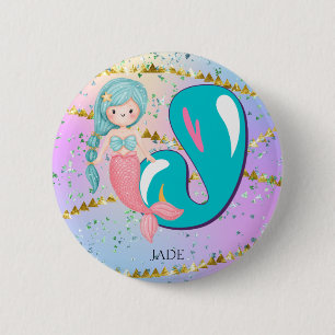 Letter J Monogram Watercolor Cute Mermaid Nursery 6 Cm Round Badge