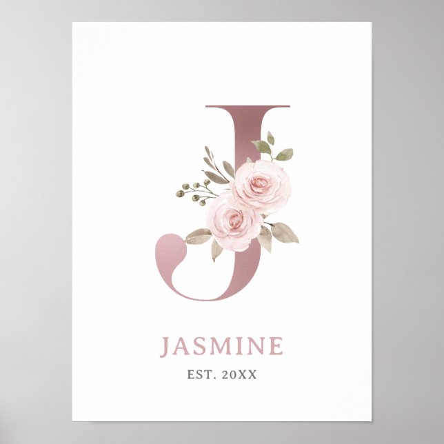 Letter J Monogram Watercolor Rose Florals Nursery  Poster (Front)