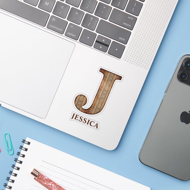 Letter J wood texture with custom name (Laptop w/ iPhone)