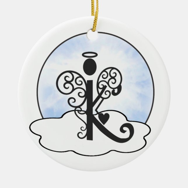 Letter K Alphabet Initial Monogram w Angel Clouds Ceramic Tree Decoration (Front)