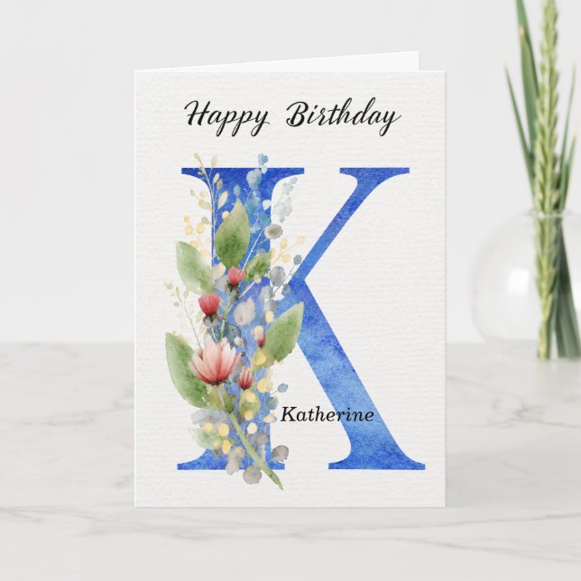 Letter K Birthday Custom Name Her Blue Monogram Card (Front)