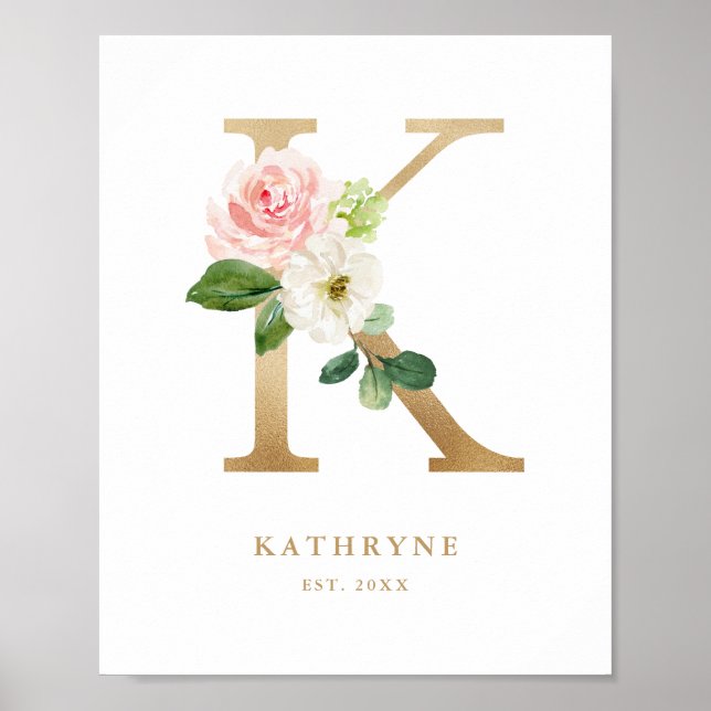 Letter K Blush Floral Monogram Gold Foil Nursery  Poster (Front)