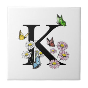  Letter K Botanical Watercolor Butterfly Monogram Tile
