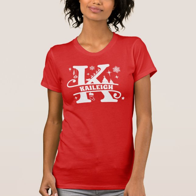 Letter K Christmas Monogram Initial Name Red   T-Shirt (Front)