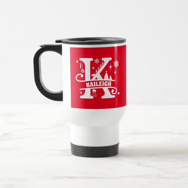 Letter K Christmas Monogram Initial Name Red Travel Mug (Left)