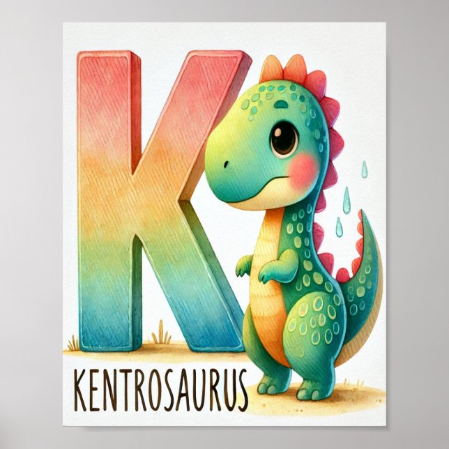 Letter K, Dinosaur Alphabet Watercolor Poster (Front)