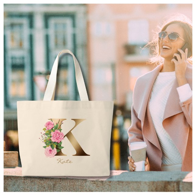 Letter K Elegant Floral Gold Monogram Pink Roses Large Tote Bag (Creator Uploaded)