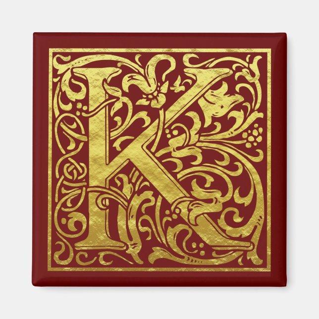 Letter K First Letter Faux Gold Red Magnet (Front)