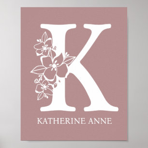 Letter K Floral Monogram Name Nursery Modern Poster