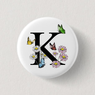 Letter K Floral Watercolor Butterfly Monogram 3 Cm Round Badge